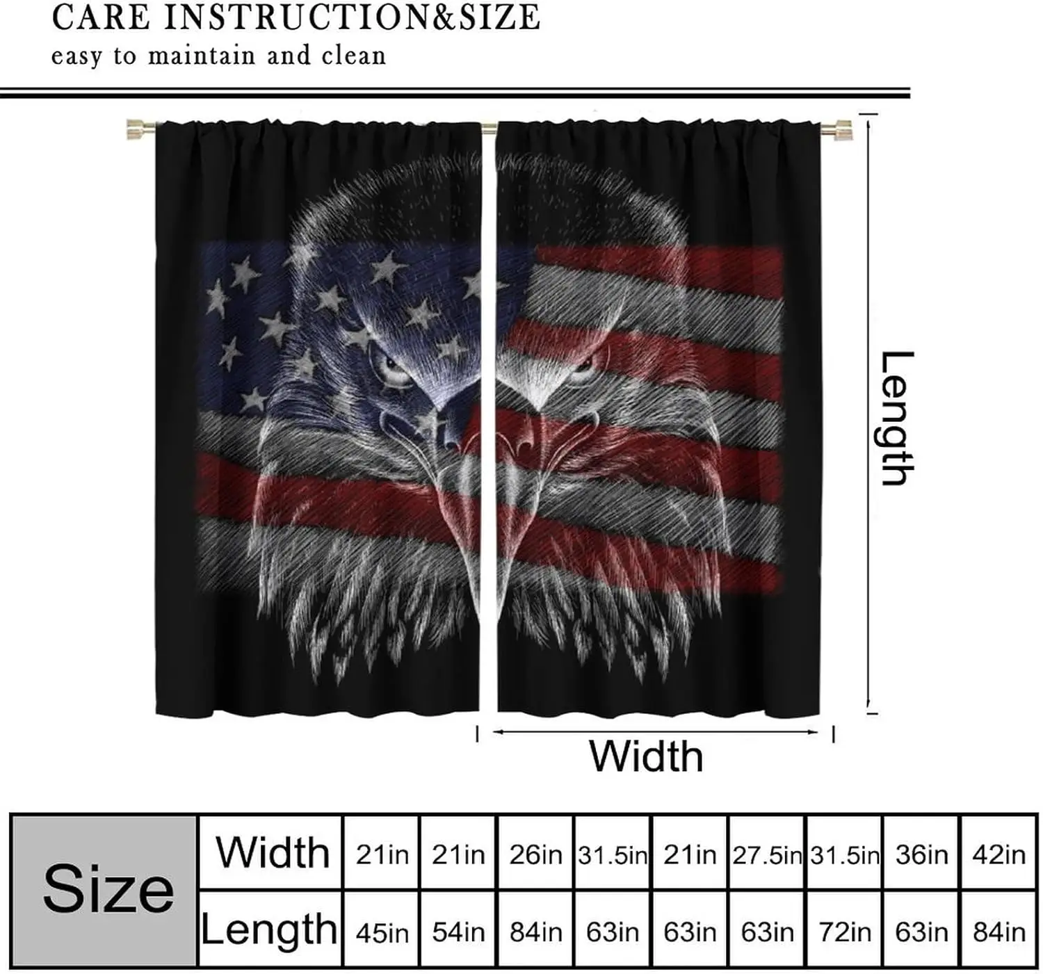 US Flag Bald Eagle Curtains, Independence Darkening 2 Panels Rod Pocket Drapes for Bedroom Kitchen Dining Cafe Decor