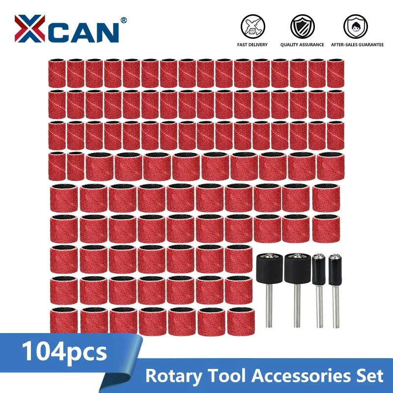 

XCAN Sanding Drum Set #80 Grit Sanding Bands with 6.35mm 12.7mm Sanding Mandrel for Dremel Rotary Abrasive Tools 104pcs