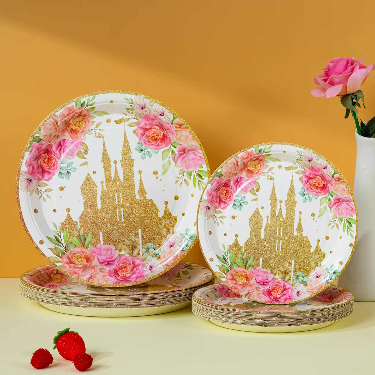 Assiettes en papier Château de Princesse, 10/25/50 pièces, assiettes jetables en papier doré à motifs floraux pour fête d'anniversaire de filles, décoration de baby shower