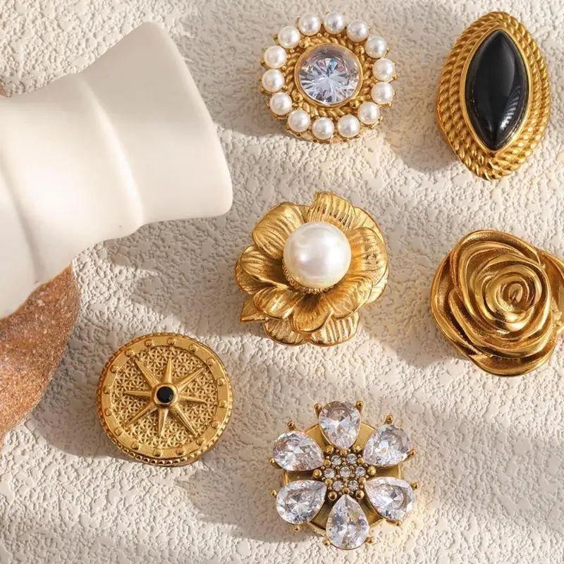 Zircon Pearl Flower Button Pins Gold Plated Luxury Shirt Cufflinks for Formal Occasion Daily Wear Party Gift