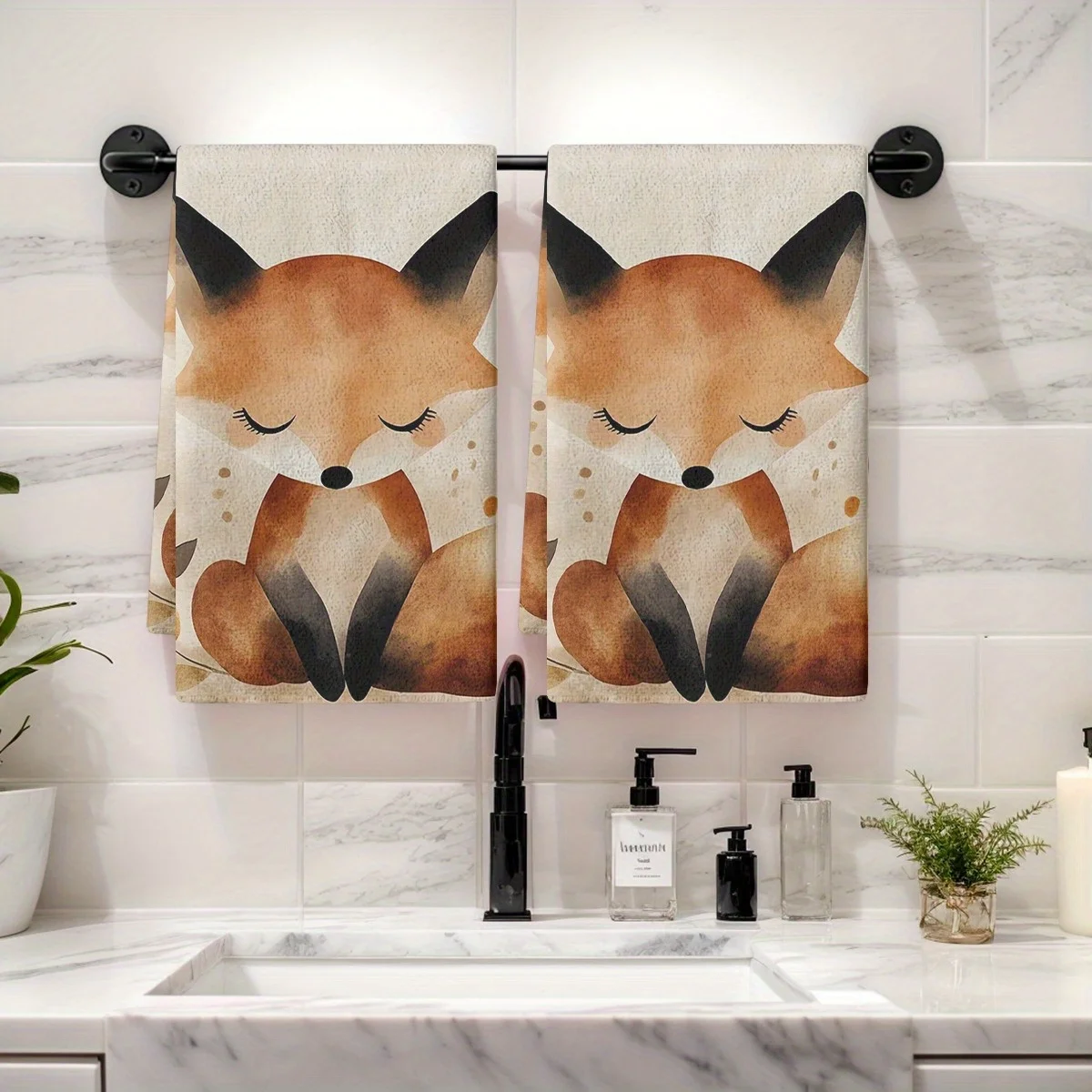 

2PCS Hand Towels Dish Towel Autumn Fox Botanical Watercolor Print In Boho Style Dish Cloths Kitchen Dishcloths Holiday Tea Tow