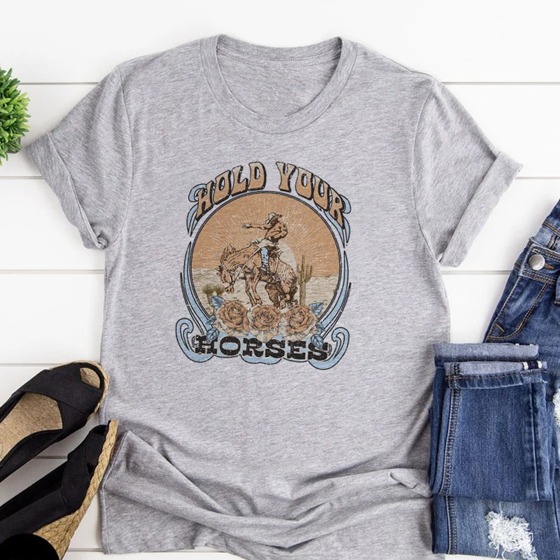 Trzymaj swoje konie śmieszne Rodeo koszulki z nadrukami kobiety w stylu Vintage Western Cowboy Tshirt kowbojka oversize śliczny moda Retro t-shirt