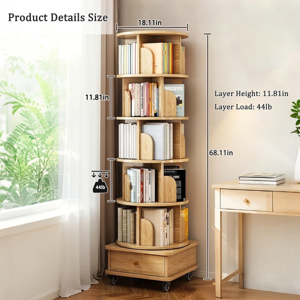 6 Tier Rotating Bookshelf 360° Display Round Spinning Bookshelf Wheels Drawer Space-Saving Small Space Rotating Bookshelf Tower