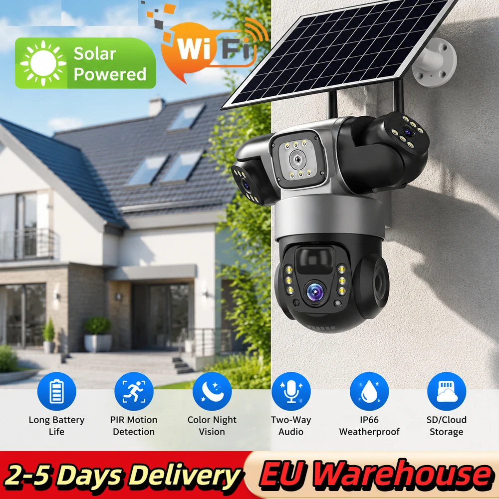 Caméra de sécurité WiFi solaire sans fil pour extérieur, caméra CCTV PTZ à triple objectif, connexion WiFi, vision nocturne couleur, audio bidirectionnel, détection humanoïde par IA, suivi de mouvement, livraison rapide, stock en Pologne, UE.