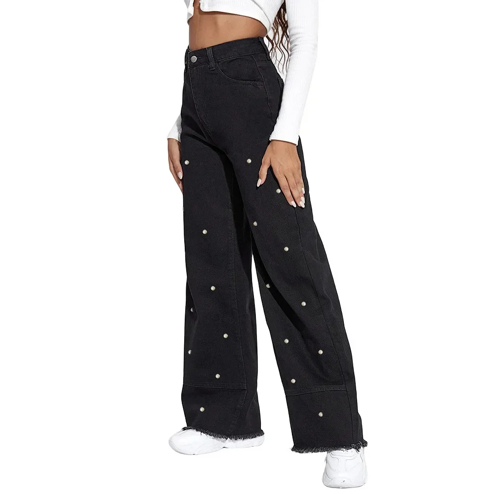 Jeans Women Pearls Wide Leg Pants High Waist Washed Distressed Tassels Spliced Pockets Vintage Denims  Streetwear Trousers
