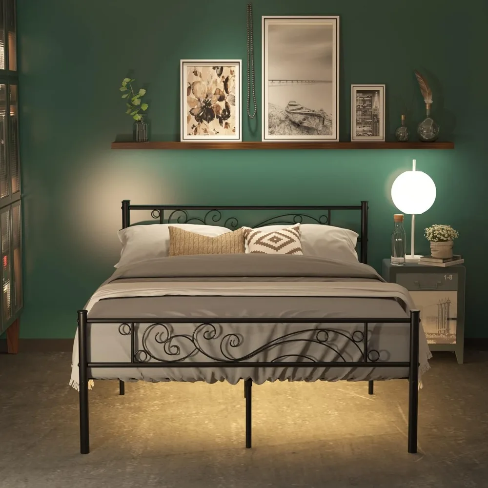 

Full Size Platform Bed with Unique Flower Design Mattress Foundation Strong Metal Slats Support,Easy Assembly Black