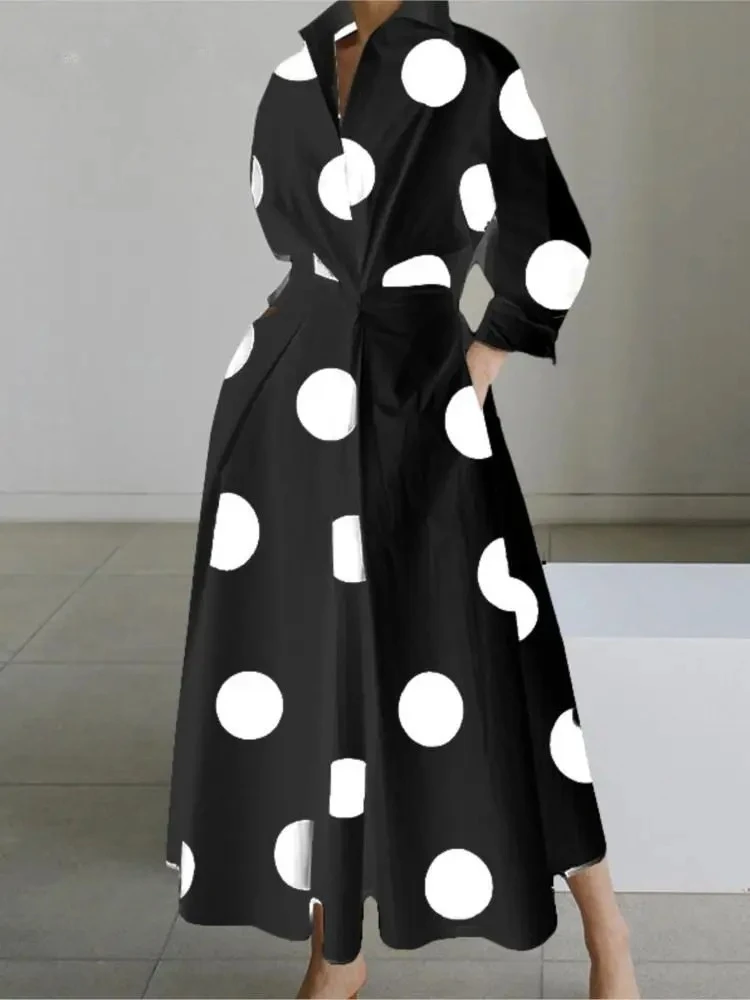 Autumn Dress Long Sleeve Dot Print Elegant long Dresses For Women  White Casual V Neck Shirt Party Maxi Dress Vestidos
