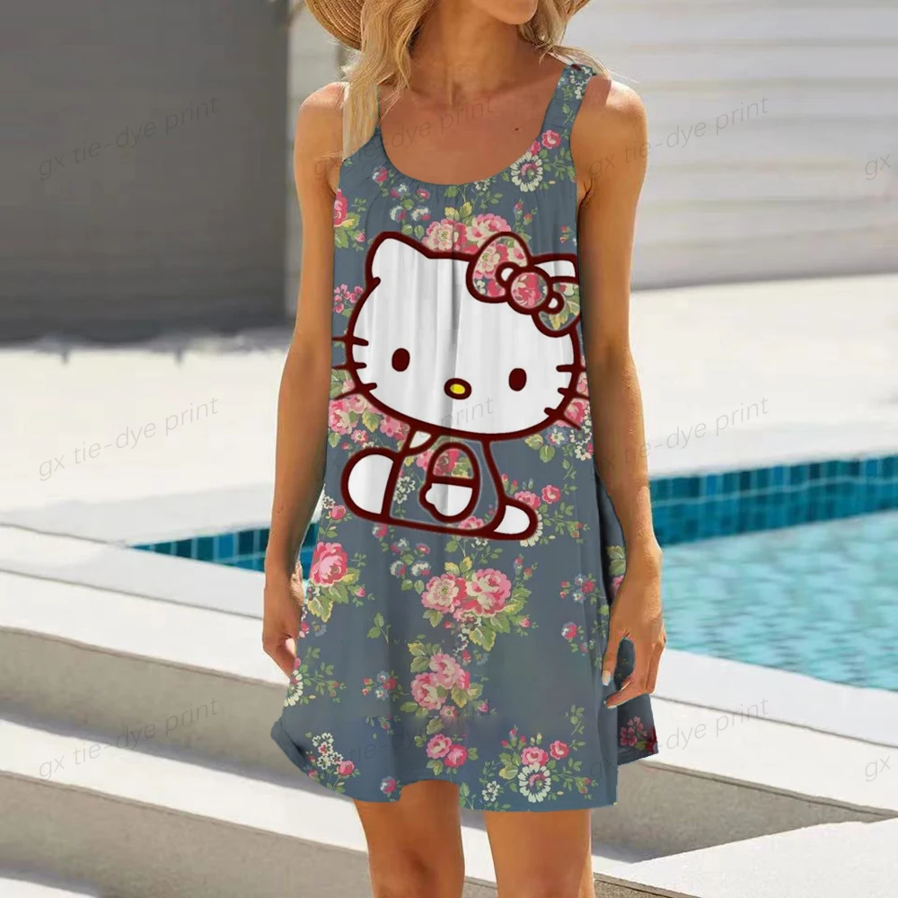 Summer Beach Mini Party Dress Loose Plus Size A-line Bohe Pleated Dress New Hello Kitty Sexy Dresses Women Spaghetti Strap Dress