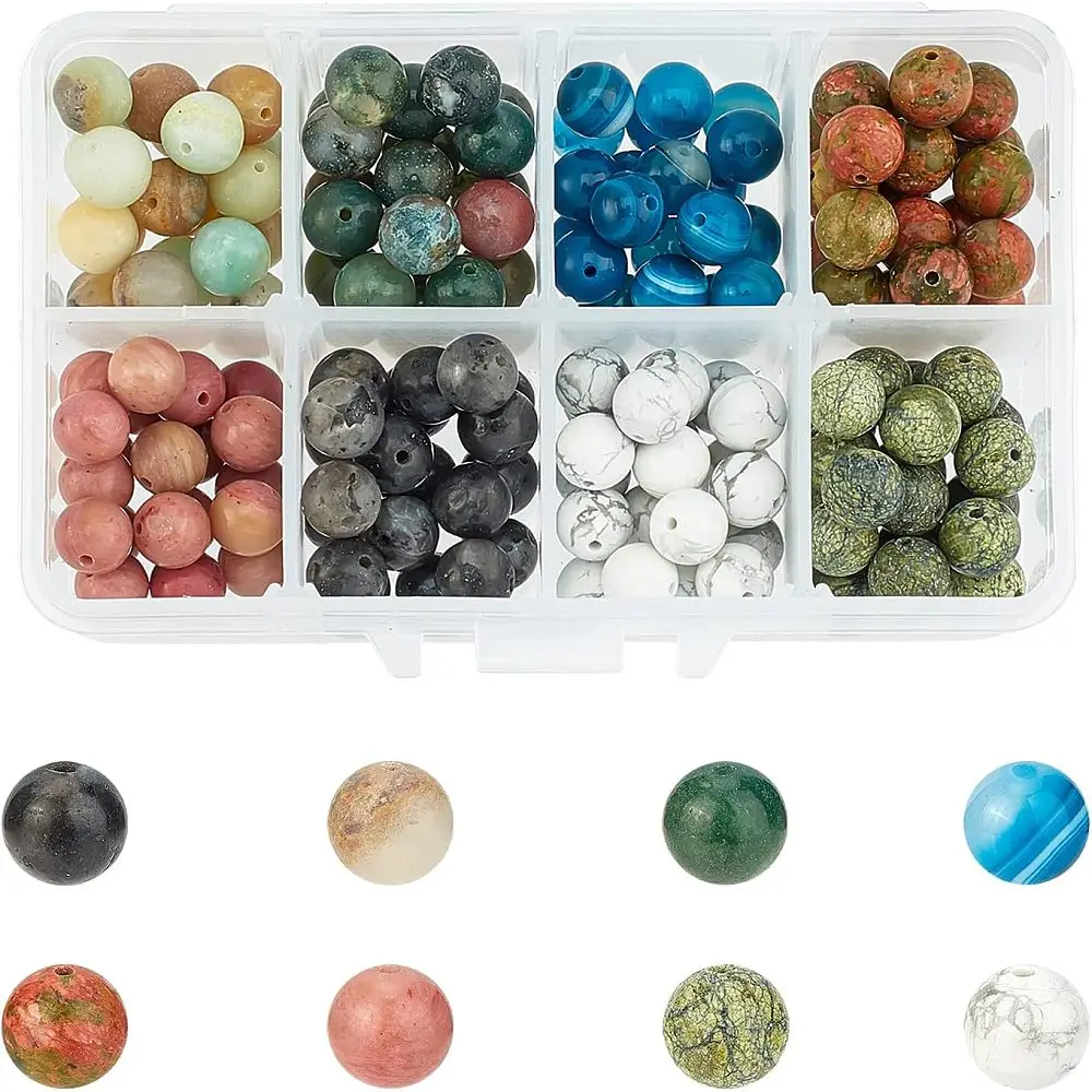 160 Pcs Beads 8mm Mixed Dyed 8 Materials Undyed Loose Round Beads for Bracelet Necklace DIY Jewelry Hole: 1mm