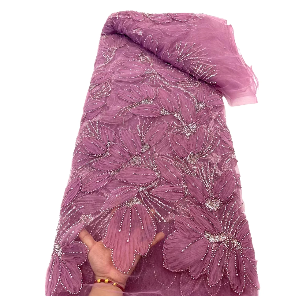 Stones Beaded Printing Lace Fabric Hot Sale 2025 Sew Party Wedding Dress Woman Beaded Embroidery Dyeing Lace Tulle Fabric