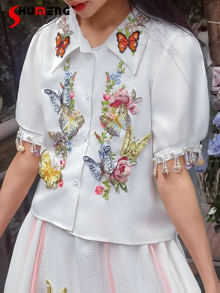 

2026 Women's Summer Beautiful High-end Colorful Petal Beads Tops Three-dimensional Butterfly Flower Doll Collar Versatile Shirts