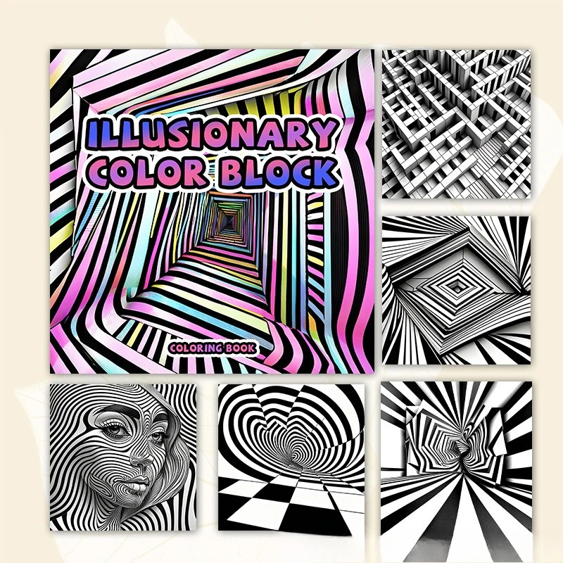 Trippy Optical Illusion Illusionary Color Block Coloring Book Psychedelic 3D Vortex Tunnel Black White Geometric Sketch Notebook