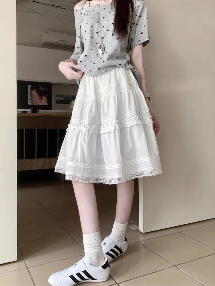 Ballet Style Half Skirt Women's New Lace Trim Cake Design High Waist A-Line Midi Skirt Breathable Skin-Friendly Inner Lined