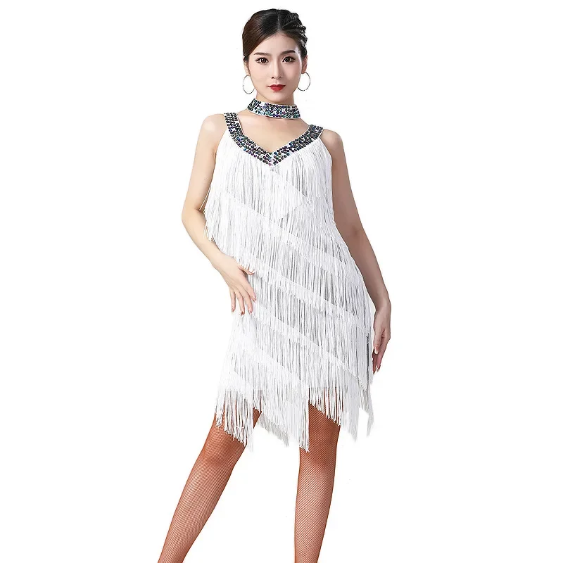 female sexy sleeveless waltz ballroom tassel dress woman fashion v-neck tassel latin dress