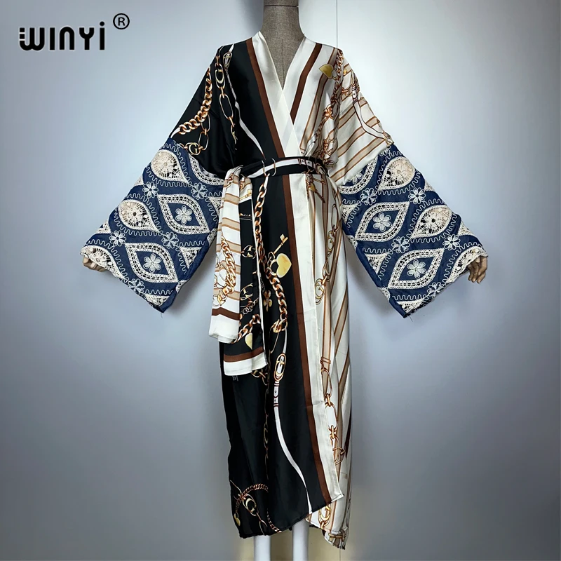 WINYI 着物風アフリカ風マキシ丈ワンピース ビーチウェア カバーアップ アバヤ ドバイ風ラグジュアリーカーディガン ビーチウェア レディース ホローカウボーイ袖コート