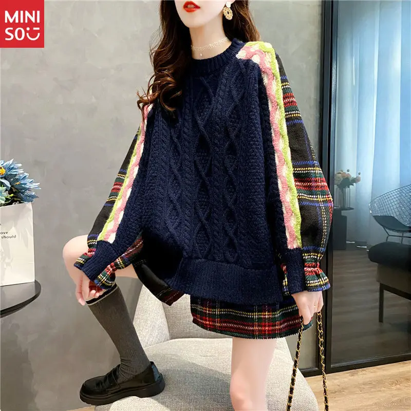 Miniso 2025 Oversized Sweater Dress, Shirt Patchwork Knit, Plus Size Long Lazy Top