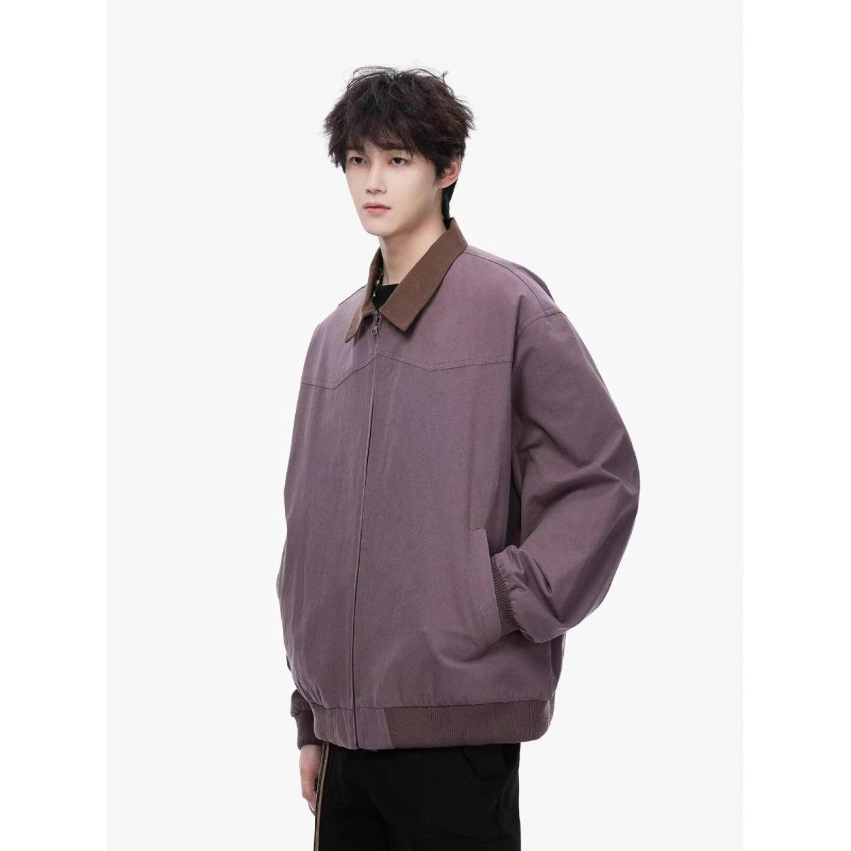 

Мужская куртка с фиолетовым воротником в стиле ретро, весенне-осенний новый маленький дизайн, повседневное пальто с хлопковой подкладкой, молодежный тренд