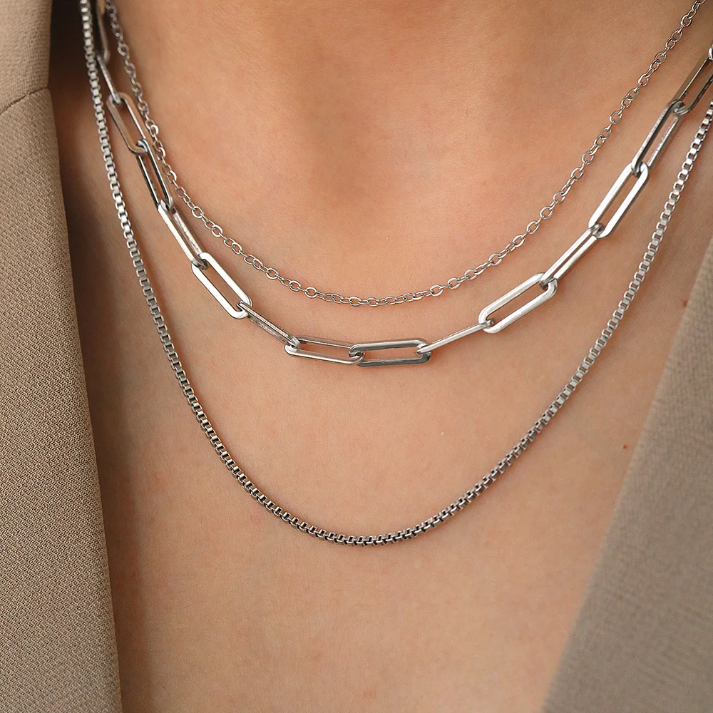 

Boho style box chain and rectangular chain multi necklace set, waterproof and non-fading, women's jewelry, wedding party gifts