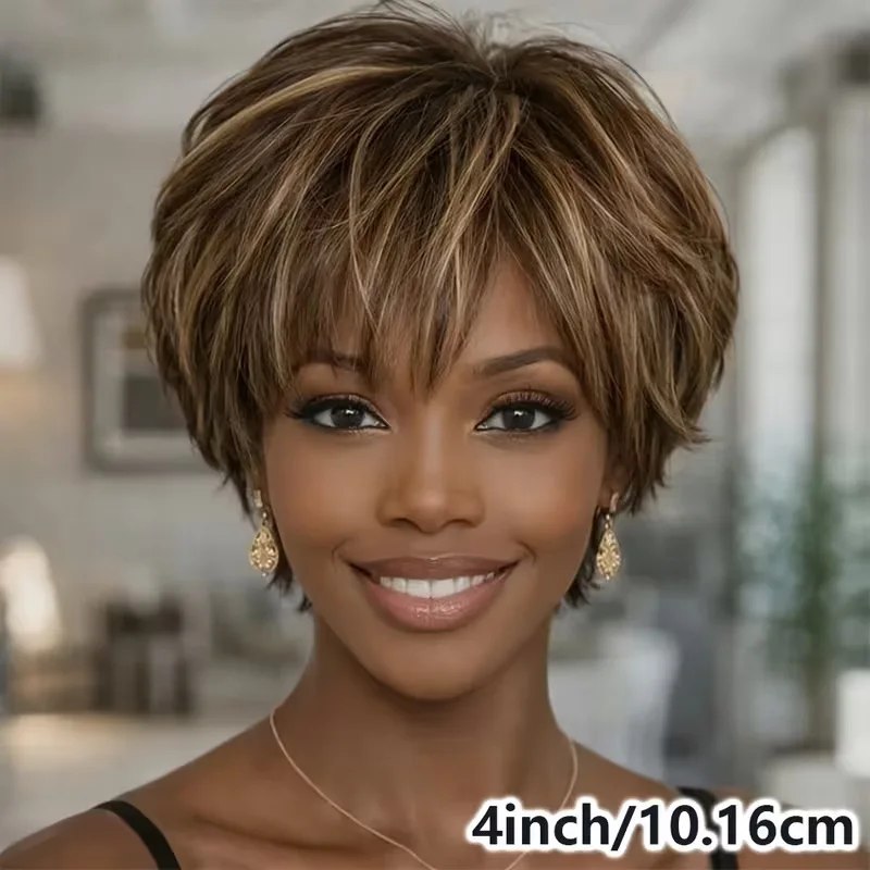 Brown and gold highlights layered short wig for women, lightweight with fluffy bangs, short style, high-temperature fiber, expor