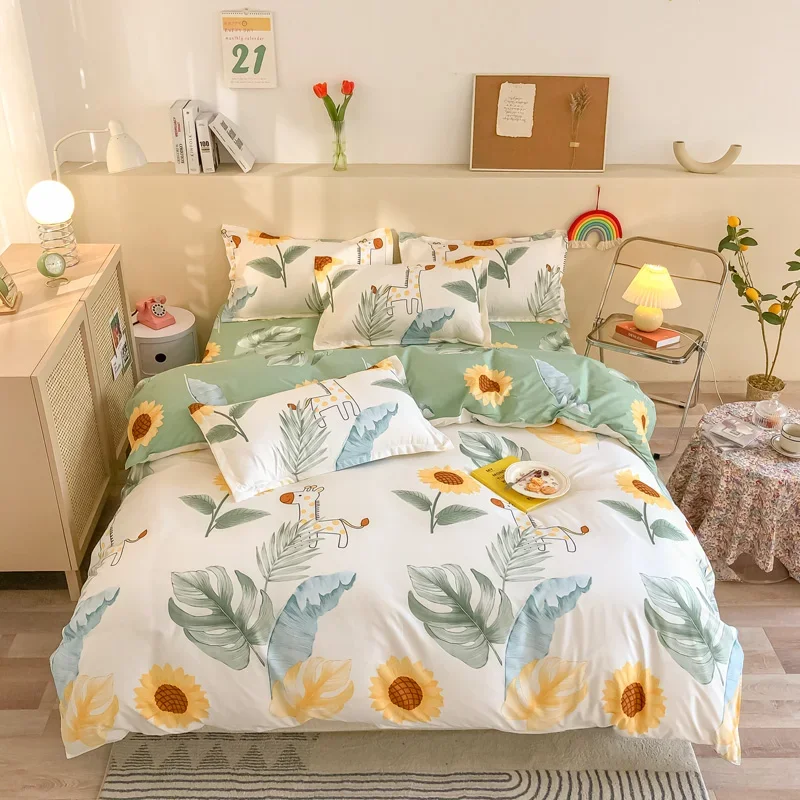 

3pcs Cartoon Deer Duvet Cover Queen Size,sunflower Plant Theme Bedding Sets with 2 Pillowcases,kid Teenager Room Decorative