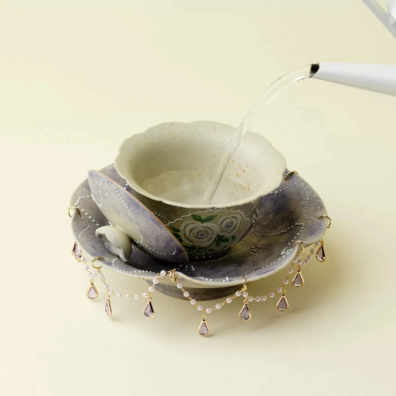 Smoked purple hand-painted rose pot bearing ceramic dry bubble tray fringed pearl chain decorative tea tray