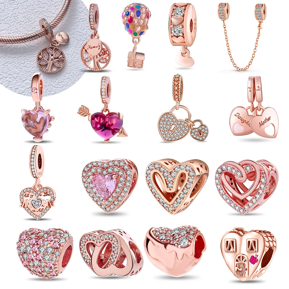 Rose Gold Heart Family Tree Beads Original Charms Silver Plated Beads Fit Bracelets Bag Keychain Charms Diy Women Gift Accessory
