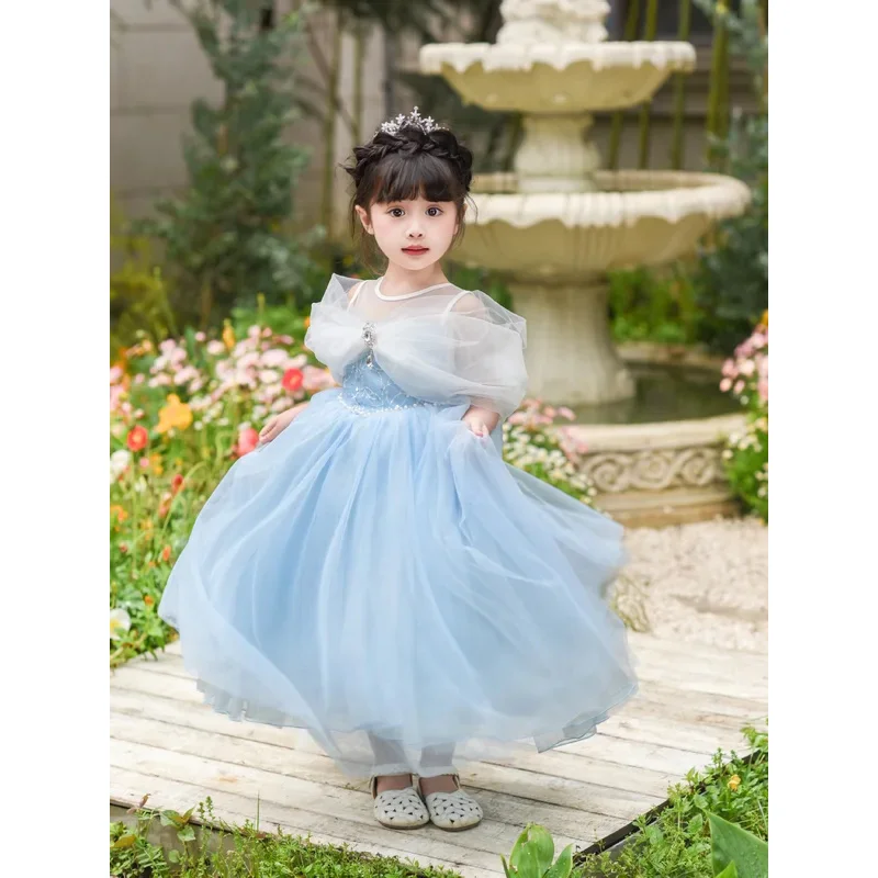 Robe de princesse brillante Elsa pour filles, avec châle, robe de soirée Cosplay, mode cendrillon, robe d'anniversaire haut de gamme, cadeaux pour enfants