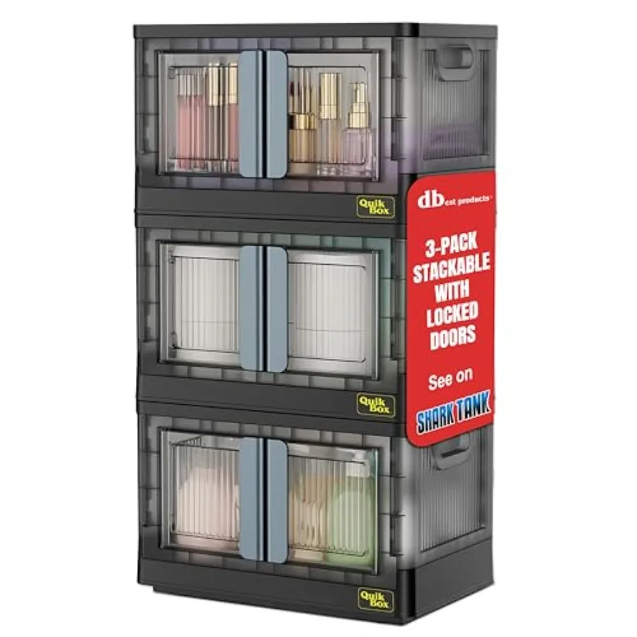 

Quik Box - 8.5 Gallon 3-Pack Stackable Storage Bins with Doors and Wheels - Collapsible Organizer for Dorms, Bedroom and Home -