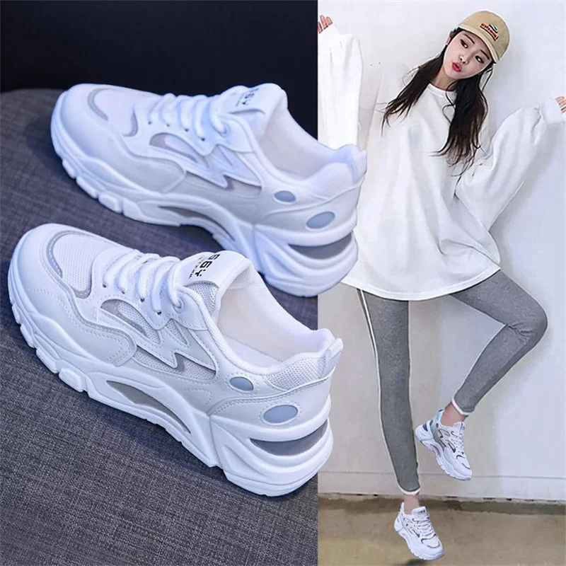 2023 Shoes Female  Spring New Net Shoes Breathable Stripes Hit Color White Sports Walking Flats Shoes for Women