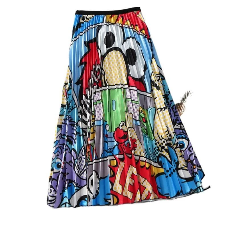 Women's half-length skirt, elastic waist, pleated skirt, printed, mid-length, pleated A The skirt is elegant and stylish