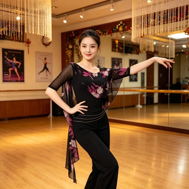 

Women Floral Print Chiffon Drape Sash Mesh Mid Sleeve Latin Ballroom Dance Top Slim Fit Modern Performance Practice Dancewear