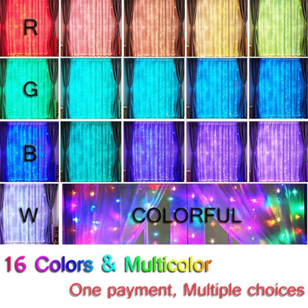 NEW 3*3m RGB 16 Color String Lights Fairy Curtain Lights USB Remote Control Garland for Christmas Window Wedding Party Decor