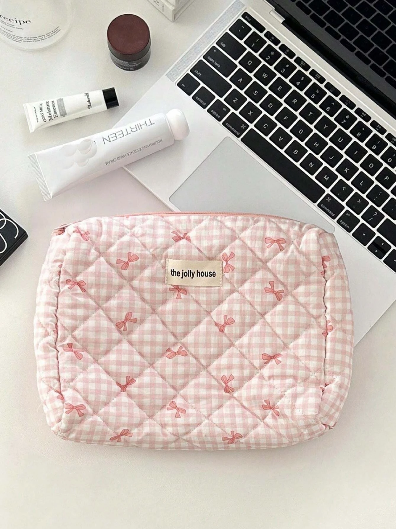 1set Cute Bowknot Cosmetic Bag Organizer Multifunctional Wallet Pouch Portable Brush Storage Clutch Travel Makeup Skincare Bag