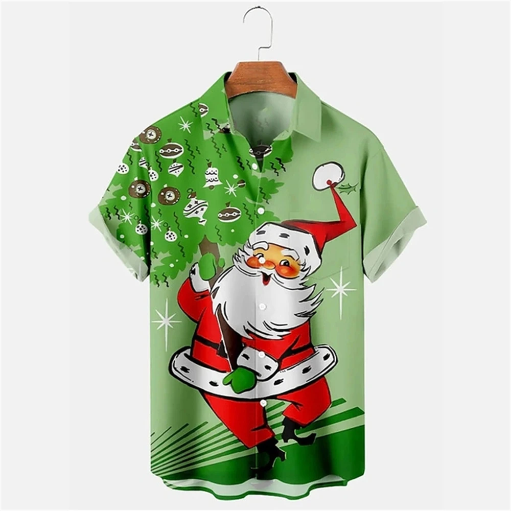 Children Clothes Xmas New Year Hawaii Shirt Christmas Santa Printed Short Sleeve Casual Lapel Streetwear Party Clothes Boy's Top