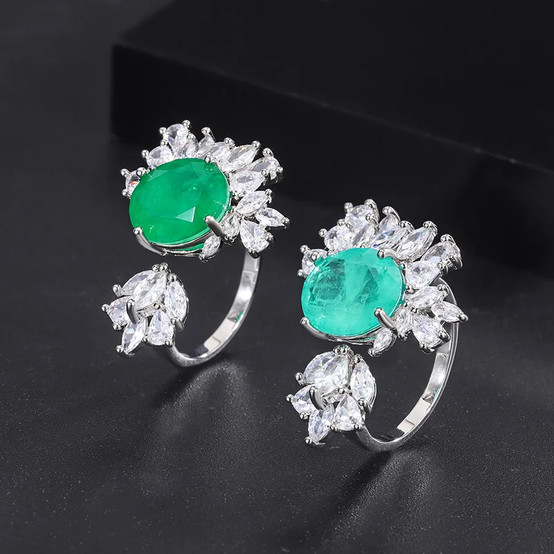 

Unique Paraiba Tourmaline Emerald High Carbon Diamond Adjustable Ring Women Luxury Cocktail Party Band Jewelry Friends Gift