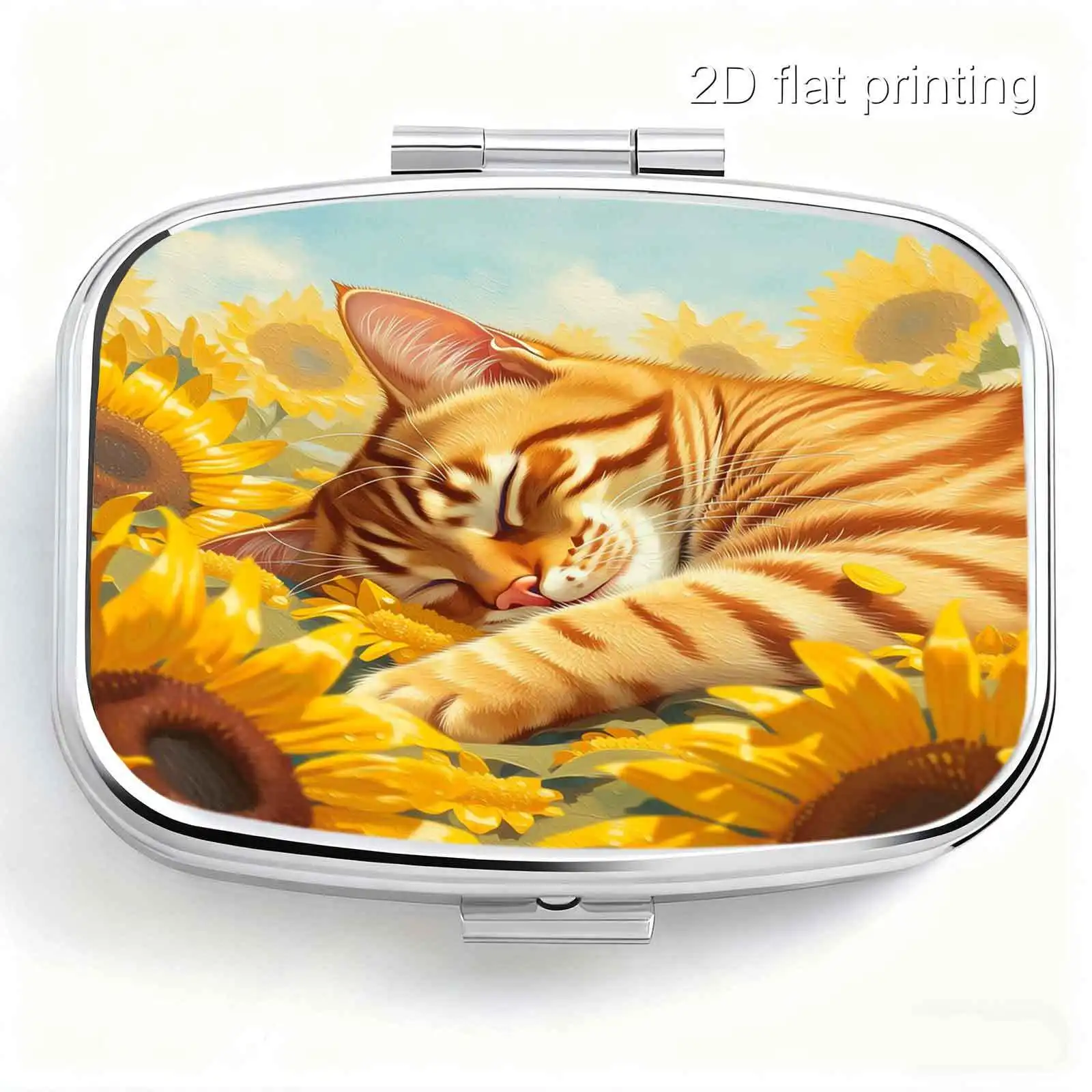 Portable Metal Material, Sunflower Sea Pattern, Orange Cat Design, Pastoral Warm Yellow Realistic Watercolor Square Style Design, Portable Small Pill Box for Regular Medication, Vitamins, Compact Creative Trinket Box, Easy to Store, Compartmentalized Design, Preferred Gift Choice, Practical Gift, Suitable for Long-Distance Travel, Portable and Easy to Carry