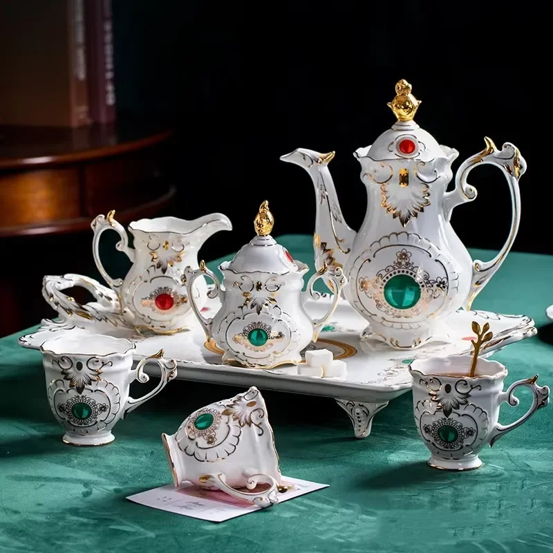 8 Pcs Exquisite European Style Porcelain Eco-Friendly White Afternoon Set Arabic Cups Sugar Milk Pot Tray Gift Box