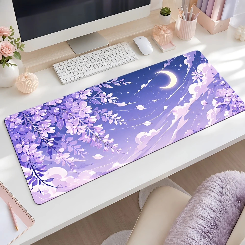 Purple and white moonlight flower pattern mouse pad, anti-slip,suitable for office desks, computer tables decorative accessories