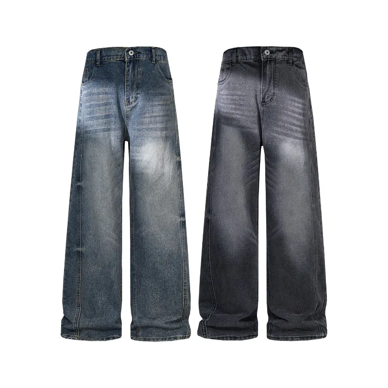 

American Ins High Street Men's Loose Straight Wide Leg Jeans Vintage Washed Casual Retro Daily Wear Denim Pants