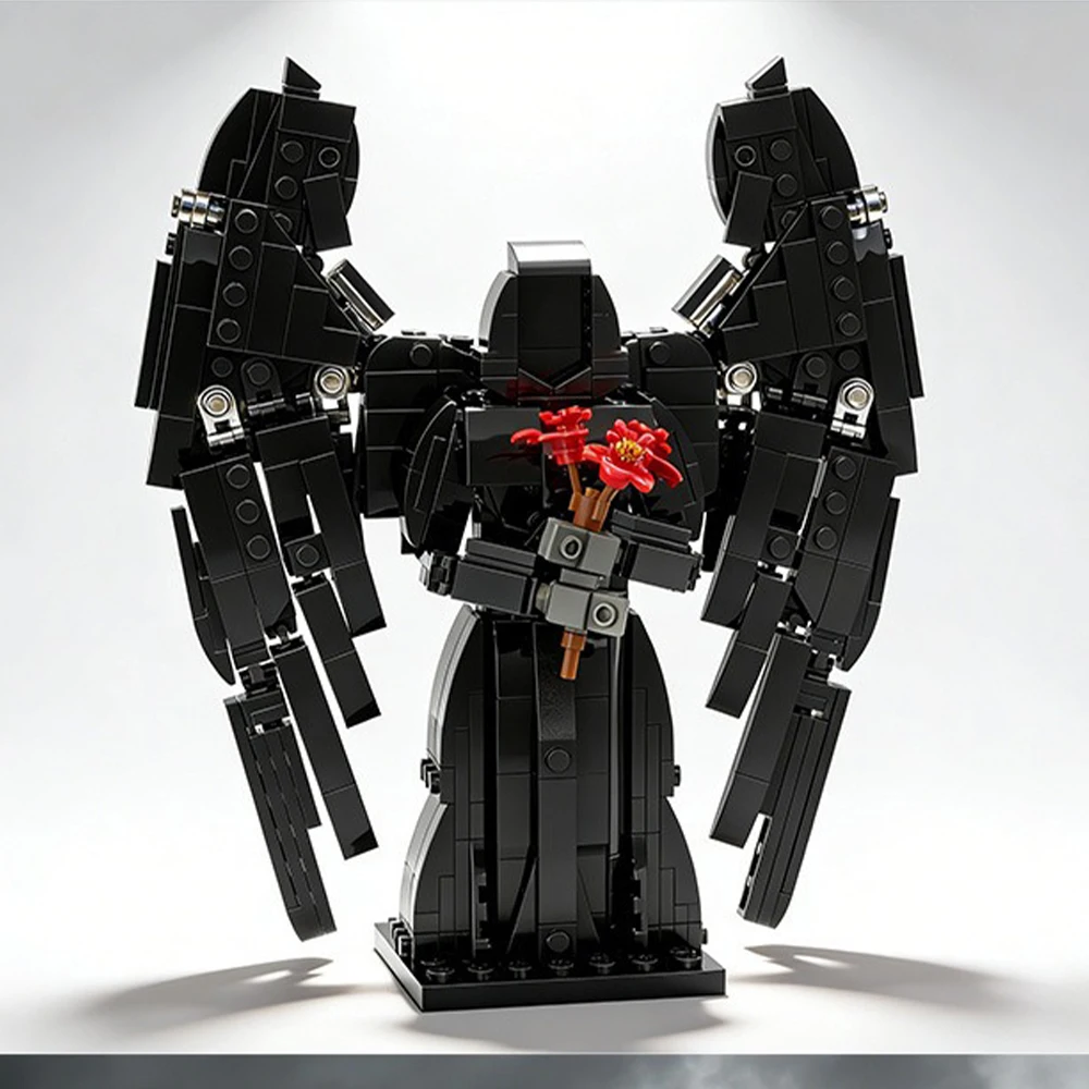 

New Gothic Black Angel Holding Red Flowers Building Blocks, 423PCS Demo Ghost Ornament DIY Model for Home Decor & Halloween Gift