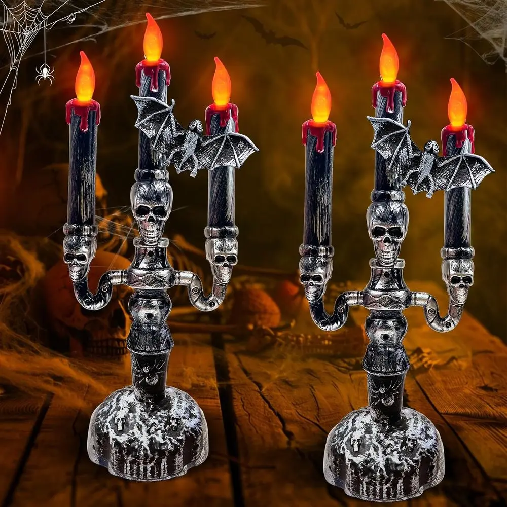 2 Pack Halloween Decorations LED Clabra 3 Lickering Lamp Light Up Battery Operated Candles Holder Bat Decor Indoor Table Home Pa