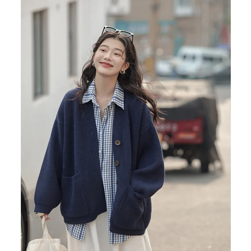 

Женский кардиган, свитер, вязаный пуловер, весна-осень-зима, корейский стиль, утепленный воротник-поло, трикотаж для девочек, верхняя одежда, пальто