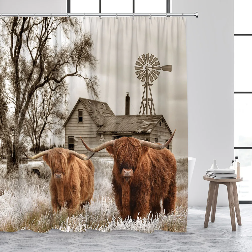 Highland Cow Shower Curtain Rustic Brown Cattle Funny Farm Animal Bath Curtains Polyester Fabric Bathroom Decor Set with Hooks