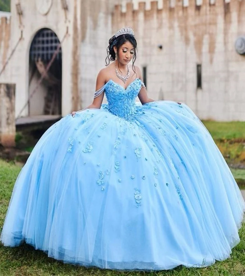 EVLAST Blue Ball Gown Off Shoulder Quinceanera Dresses Applique Lace Beads Princess Sweet 16 15 Dress Vestido De 15 Años TQD023