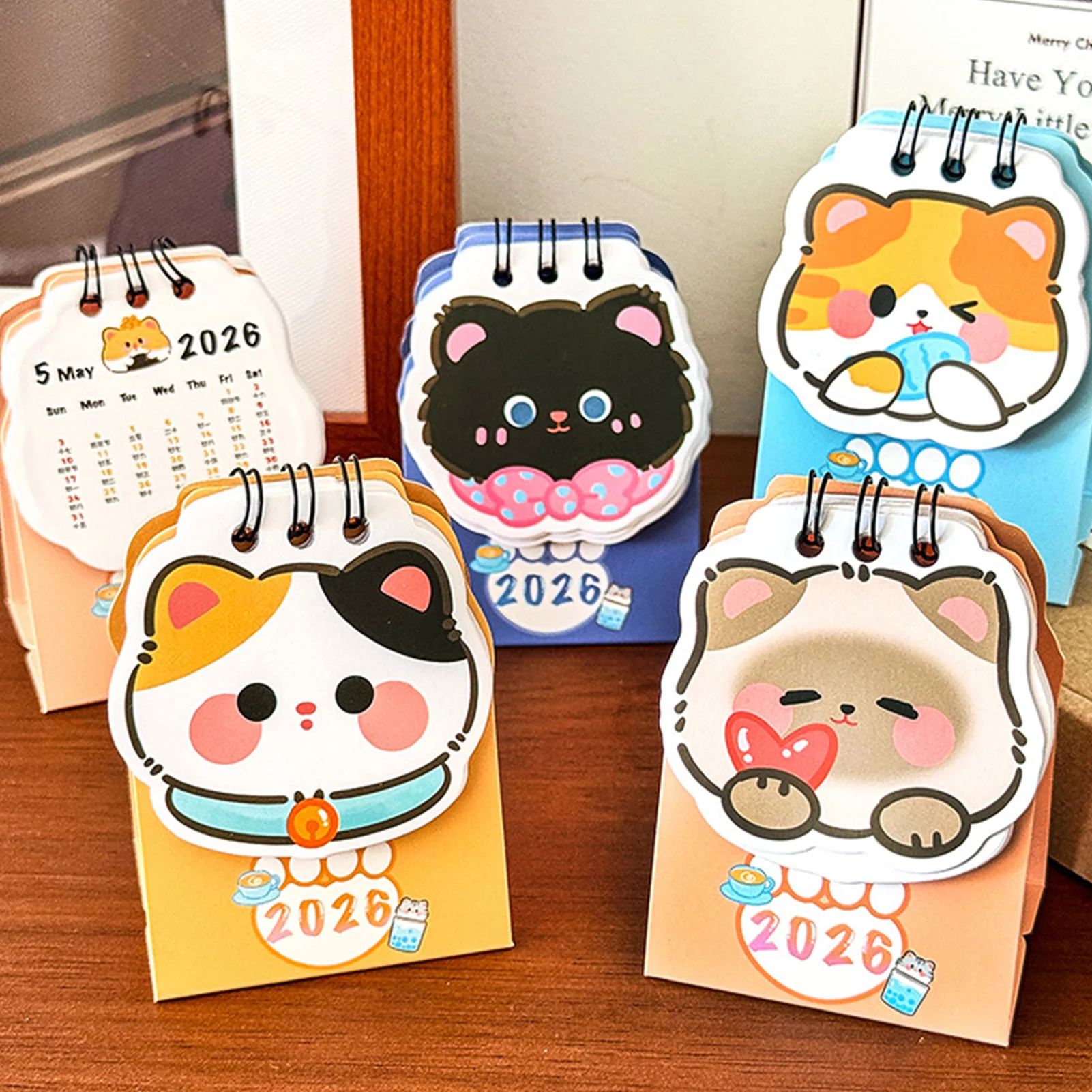 2026 Mini Desk Calendar Simple Cartoon Style English Desktop Calendar Cute Kitten Themed Schedule Planner Gifts for Students