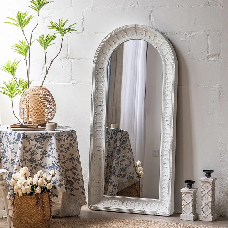 French decorative mirror retro old wrought iron arched carved cream wind floor mirror household full body dressing mirror