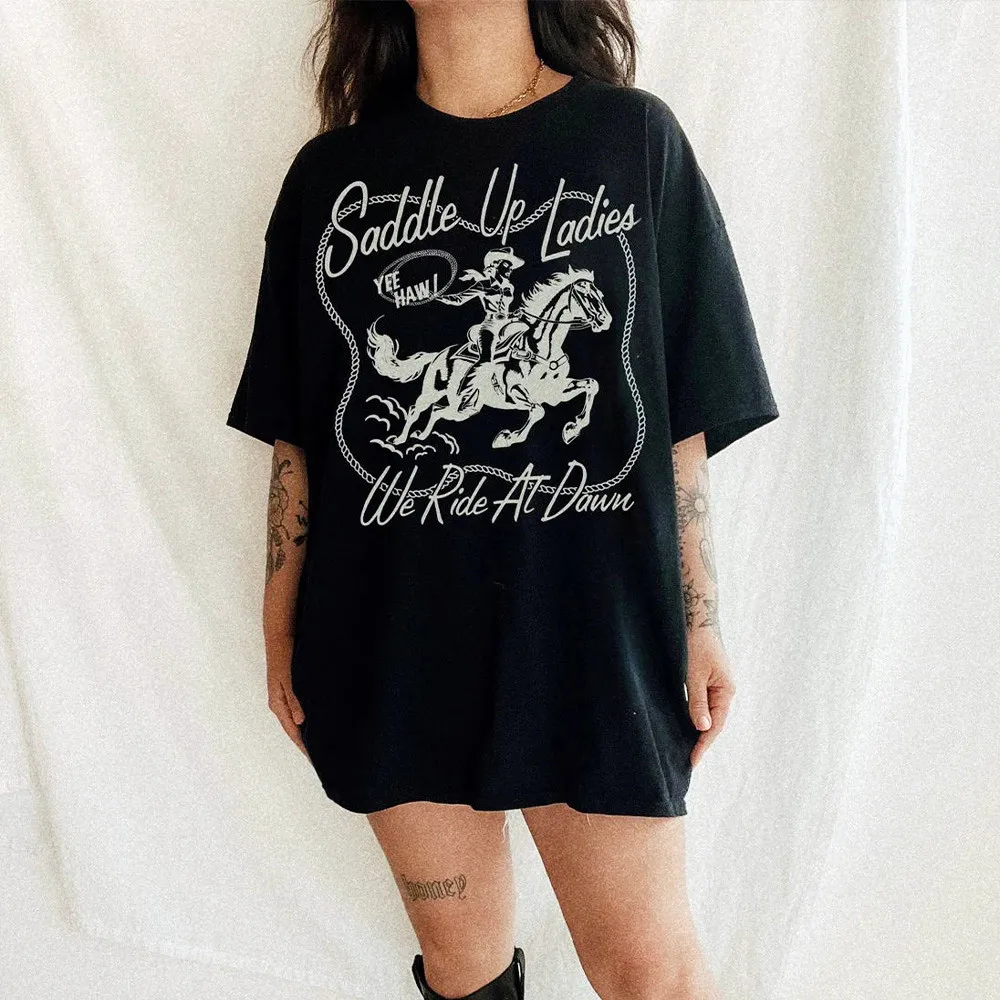 2024 Summer Vintage Style Cowgirls Oversized Black T Shirts Short Sleeve Thick Cotton Loose Casual Tops Fashion Western Tees