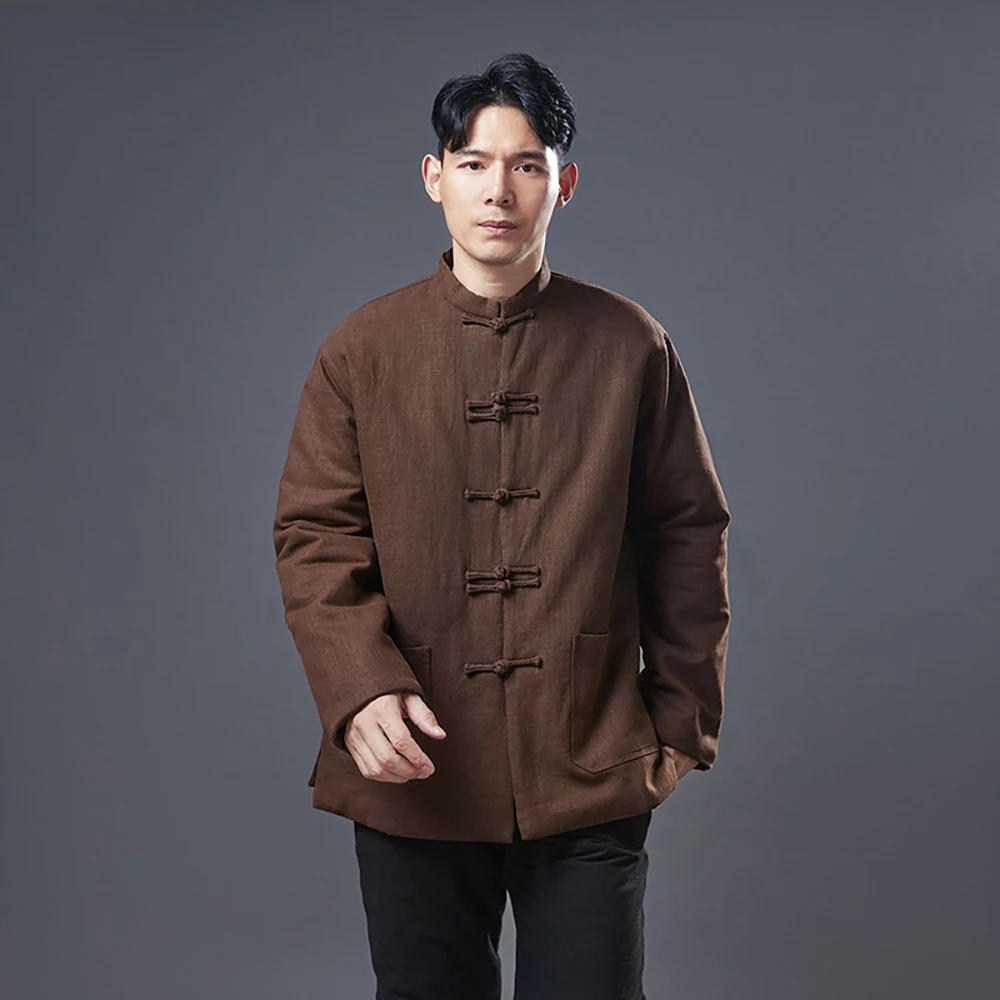 

LZJN Мужская куртка свободного кроя с открытой передней подкладкой и хлопковой подкладкой, простой китайский дизайн, идеально подходит для осени и зимы.