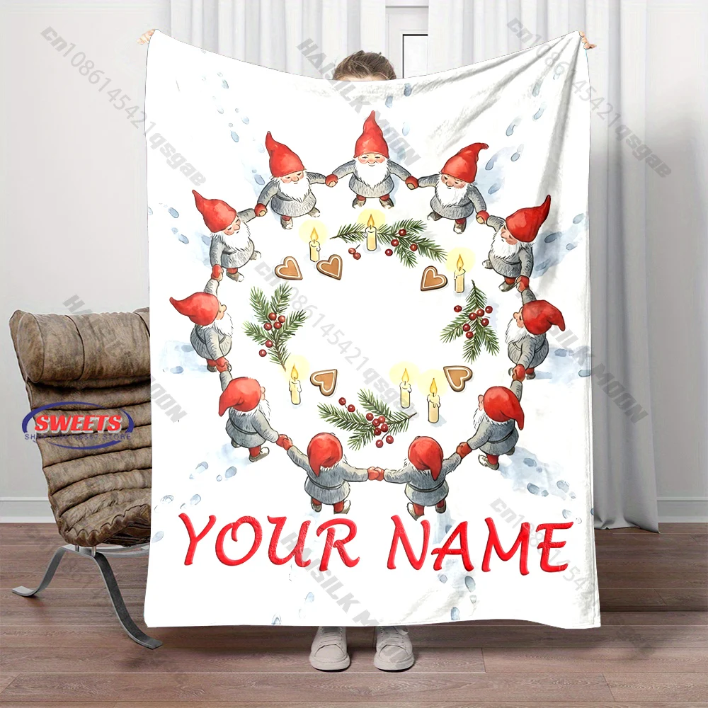 Personalized Custom Name Nordic Christmas Gnome Dwarfs Blanket, Hand Drawn Tomte Flannel Blanket, Custom Text Holiday Gift