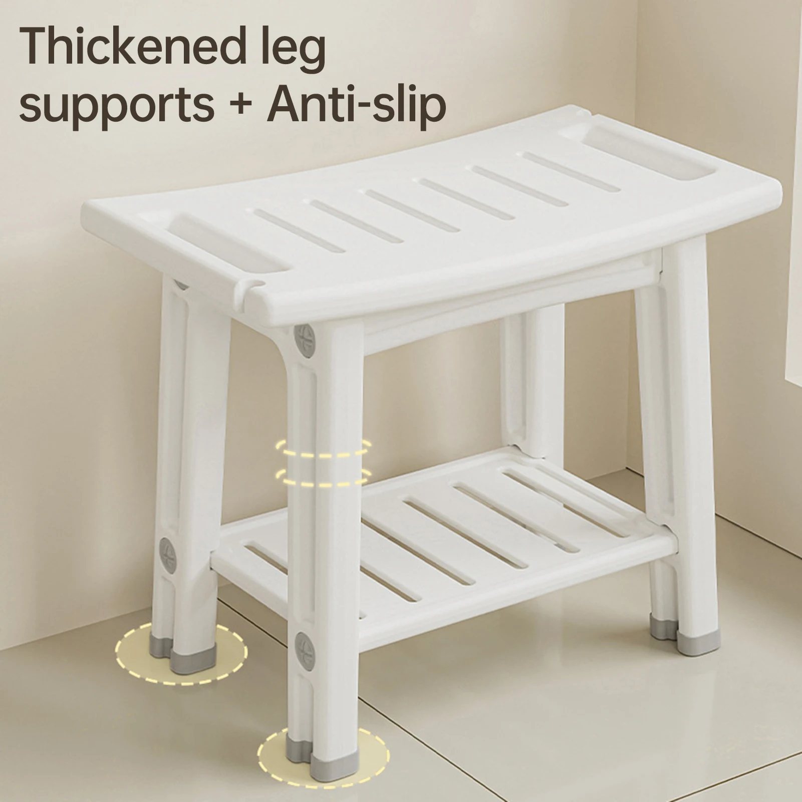 Shower Benches Durable Shower Chair 2-tier Storage Spaces and Dual Handles Waterproof Stool with Non-slip Pads